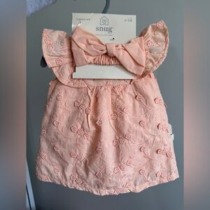 snug Baby Girls Peach Embroidered Matching Set with Bow Headband
